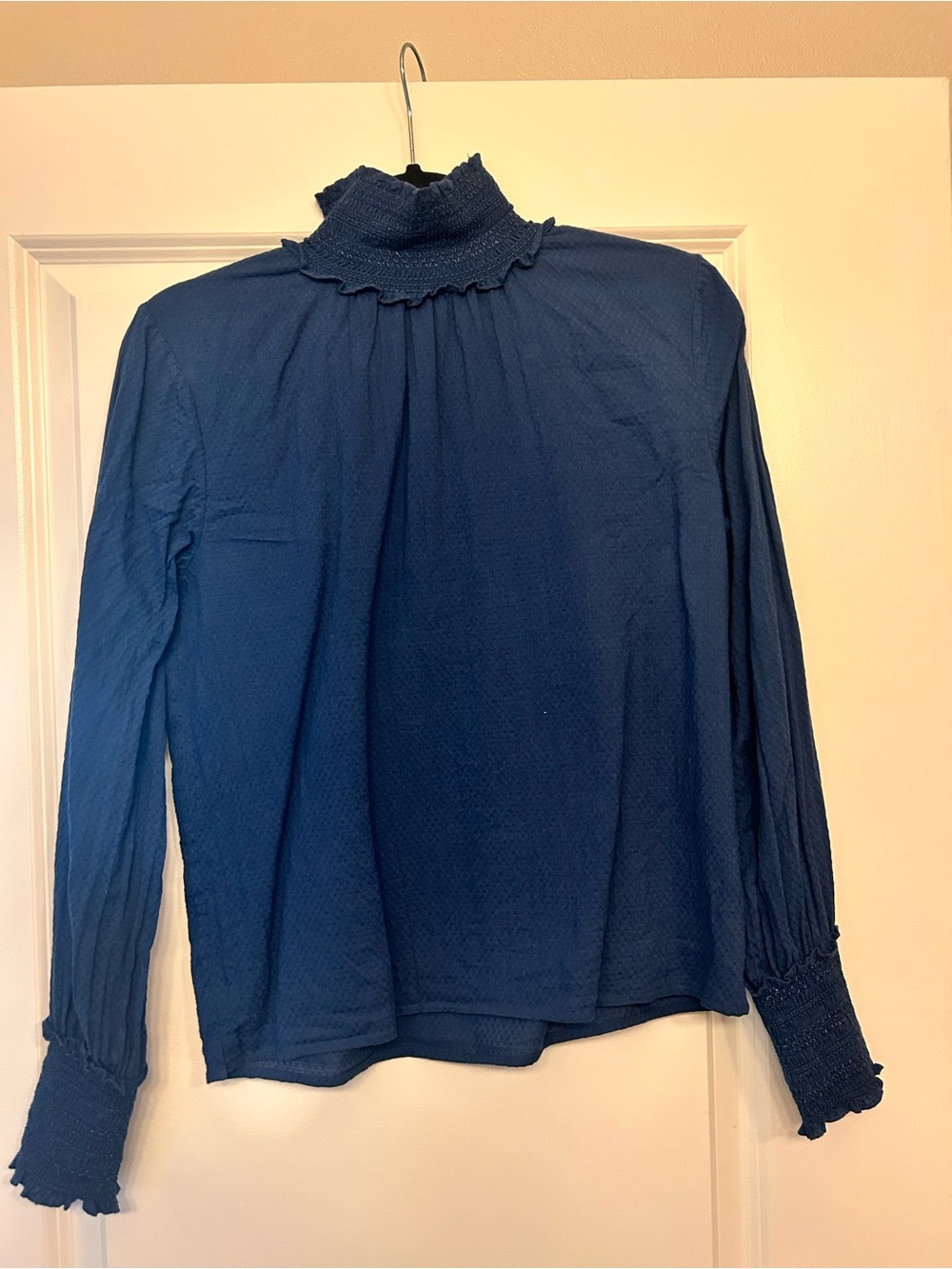 Smocked High-Neck Long Sleeve Blouse - Navy